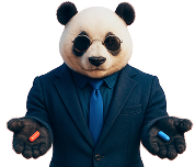 Панда в костюме с капсулами в руках